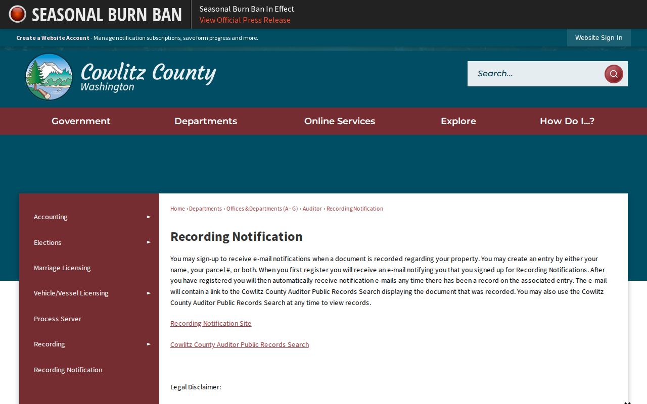 Longview public records notification service using a name or parcel number
