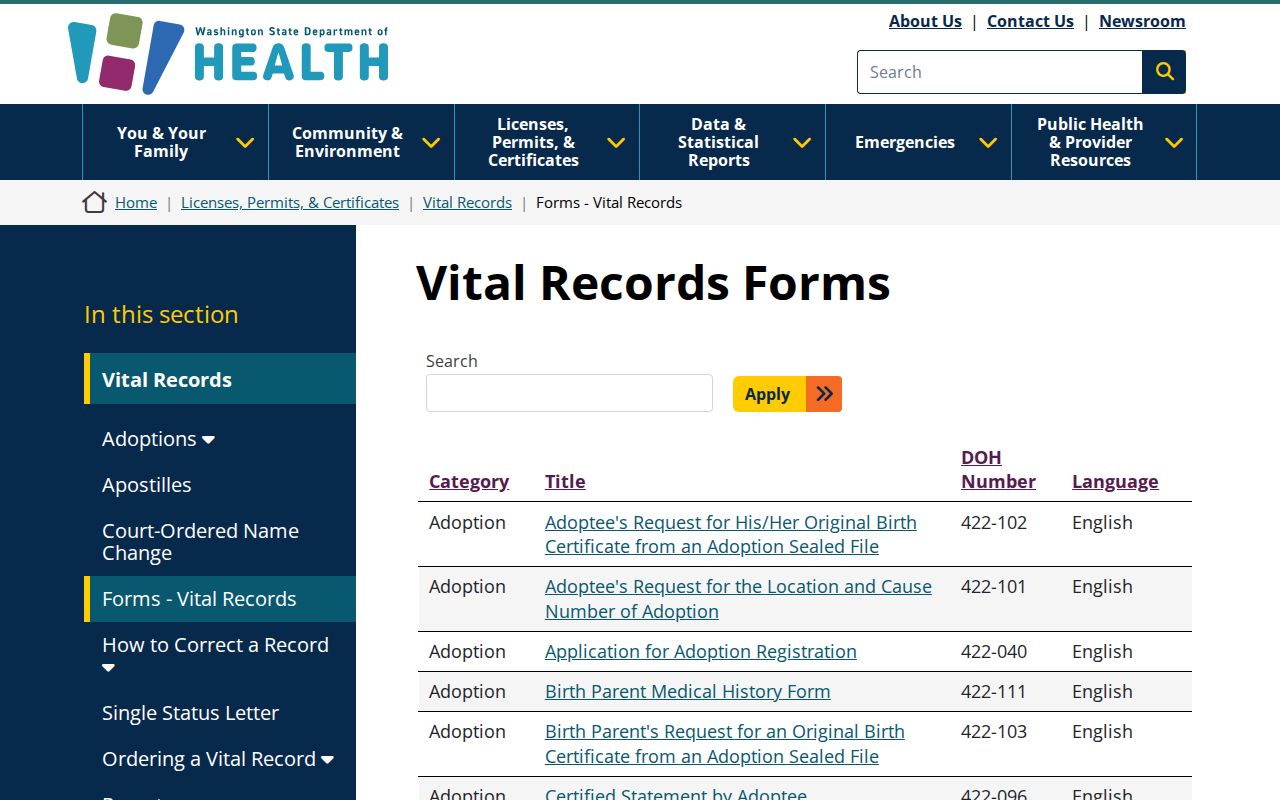 Longview public records resource showing Washington vital record application forms